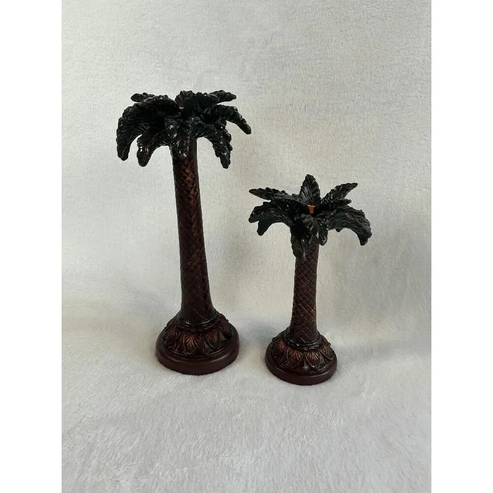 Resin Art Deco Tropical Palm Tree Candle Holders Set, Woven, Heavy, 14
